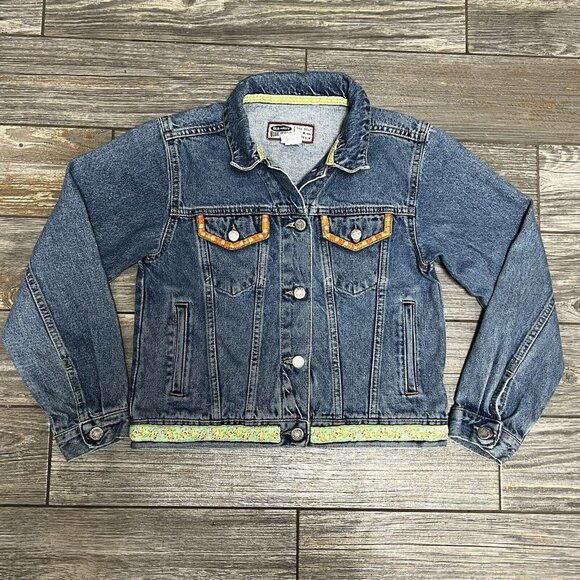 Old Navy Y2K Denim Jean Jacket Girls Size 12 Medium Embroidery Flowers 2000 Vtg - Picture 2 of 16